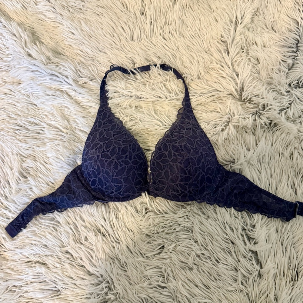 Aerie Floral Lace Underwire Halter Navy Bra